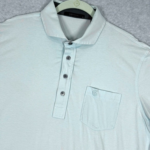 Greyson Polo Shirt Mens Large Golf Spirit Cattail Aqua Blue 4 Button Pocket Logo - Picture 1 of 13